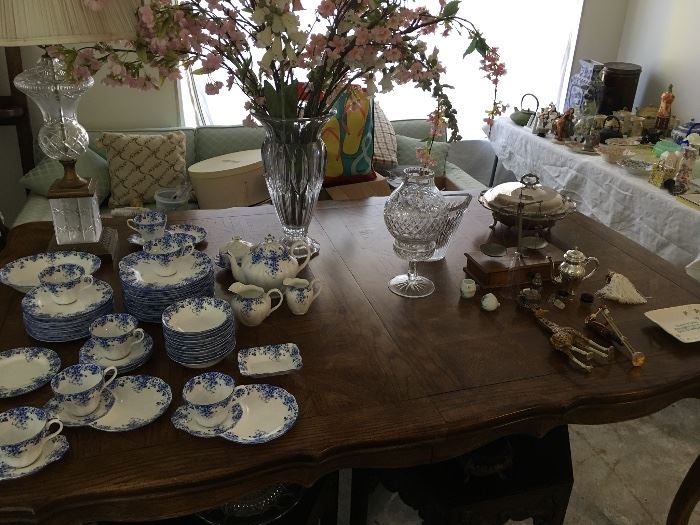 Dining table for sale, sterling pieces, antique scale, crystal lamp, vases, Royal Albert teaset DAINTY BLUE