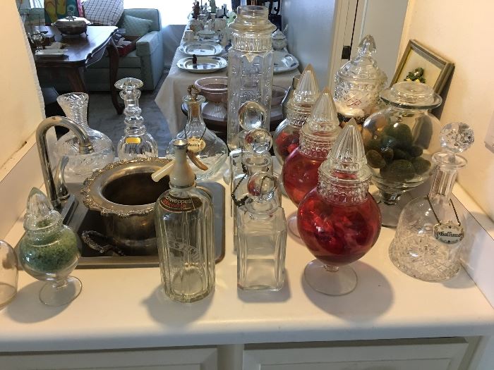 Barware and antique apothecary jars.  Decanters etc