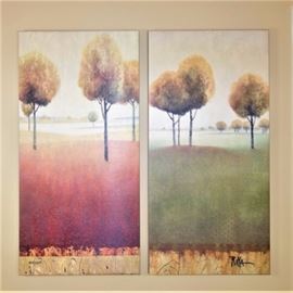 Pair of RAYA Raya Sorkine Signed Numbered Giclee Prints: A pair of signed numbered RAYA Sorkine Giclee prints each depicting several trees in the center of a grassy field. Sorkine (1936-), a French painter born in Paris, France, is known for Jewish culture genre painting. This pair is artist signed on lower right of one piece and numbered 955/2200 on lower left of one piece.