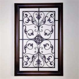 Arhaus Contemporary Rectangular Iron Panel Wall Art: An Arhaus Furniture rectangle iron panel wall art piece featuring a wide rounded frame and an abundance of various scrollwork designs. Ready for hanging.