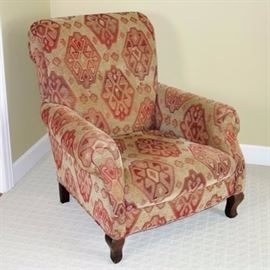Arhaus Upholstered "Scottsdale Moss" Easy Chair: A Traditional style Arhaus Furniture easy chair upholstered in a Southwestern “Scottsdale Moss” pattern of cream and reds, and Queen Anne style legs. A companion to #037.