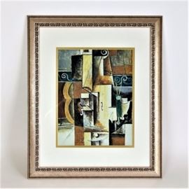 Modern Abstract Art Print: A Modern Abstract Art print featuring various size overlapping geometric designs in shades of black, gray, green, cream and white. This piece is matted under glass and presented in a silver toned wood frame with tiny beading around the outer edge and scrollwork on the inside frame. This piece is unsigned. Ready for hanging.