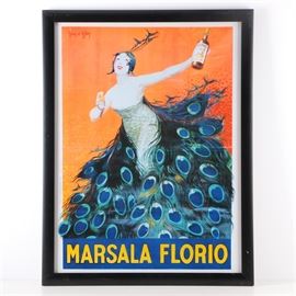 Marsala Florio Lithograph Poster Advertisement After Jean d'Ylen: A vintage lithograph on paper after a 1920s illustration by listed French artist Jean d’Ylen (1866-1938). The print is an advertising poster for Marsala Florio wine. The image depicts a stylish woman in an elaborate peacock motif dress in blue and green. She is depicted against an orange background, shown holding a bottle of Florio wine. The piece is signed in plate to the upper left. It is presented under glass in a black wooden frame with hanging wire to the verso.