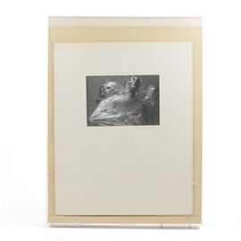 Robert Beckman Jr. Gelatin Silver Photograph of Mannequins: A gelatin silver process photograph of mannequins wrapped in plastic, by photographer Robert Beckman Jr. This black and white print depicts four store mannequins, their faces and bodies wrapped in plastic. The piece is hand signed and dated “1981” in pencil to the lower right margin, and is presented in a protective plastic sleeve with an ivory mat against a cardboard backing.