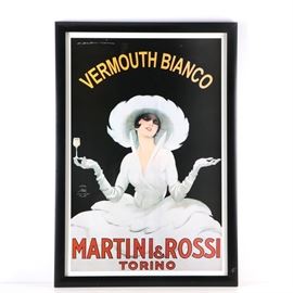 M. Dudovich Martini and Rossi Torino Poster: An offset lithograph of a vintage Martini & Rossi white vermouth poster. The original art work was done by M. Dudovich and depicts an elegant woman holding a glass of vermouth in one hand while wearing a large hat. The artist is considered one of the fathers of Italian design. 