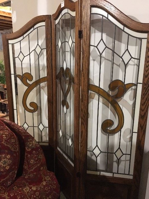 Beautiful Oak and Stained Glass Folding Divider