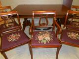 Double Pedestal Table with 1 Leaf, 6 Chairs with Lyre Back, Needlepoint Seats
