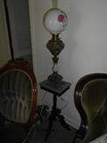 Victorian Parlor Lamp on Victorian Marble Top Candle Stand