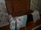 Cedar Trunk on Legs, Old Quilts