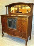 The Best Hooded Tiger Oak Dessert Server w/Leaded Glass Door and Beveled Mirror