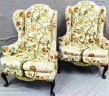 Great Pair of Chain Stitch Queen Anne Wing Back Chairs