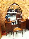 Walnut Vanity w/ Unusual Shaped Mirror and Bench