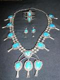 Sterling Silver with Geniune Turquoise - Magnificant Necklace with matching Earings - Double Bracelet
