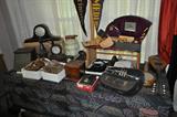 Vintage beaded purses, clocks, pennants, silver trumpet,mandalins