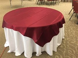 90" Round White Tablecloths -- about 30 -- $6 each
72" Satin Burgundy Square Overlays -- $5 each --
selling 40 all new and individually wrapped
White Napkins -- 12 for $5 or 6 for $3