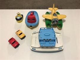 Green Toys Ferry Boat with Mini Cars, My First Tugboat,  and Seaplane.  Other miscellaneous bath toys.
