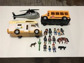 Playmobil Tactical Unit Copter, School Bus, Family Camper, Sheriff with Horse (not all parts shown in picture--kits are mostly complete)