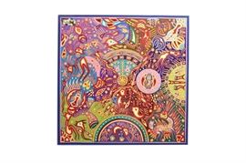 Jose Benitez Sanchez Mexican Huichol Folk Art Yarn Painting "The Rainbow": A very unique embroidered Mexican Huichol yarn painting titled El Arco Iris or The Rainbow by Mexican artist Jose Benitez Sanchez (1938-2009), along with his wife, Hilaria Chavez Carrillo. Sanchez is best known for his culturally rich embroidered yarn paintings that feature extremely colorful palettes with very intricate details throughout. This piece features a large hand written paragraph in Spanish to the back side, which includes the title along the top and the artist’s names to the bottom, among many other things. This very large piece is mounted on a wooden board with a wire for hanging to the verso.