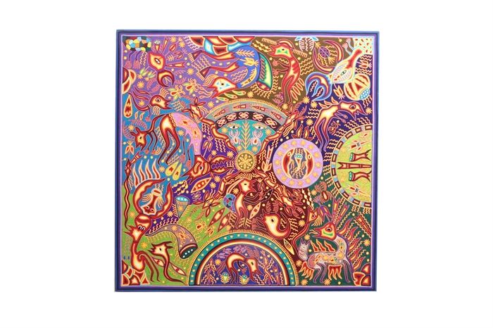 Jose Benitez Sanchez Mexican Huichol Folk Art Yarn Painting "The Rainbow": A very unique embroidered Mexican Huichol yarn painting titled El Arco Iris or The Rainbow by Mexican artist Jose Benitez Sanchez (1938-2009), along with his wife, Hilaria Chavez Carrillo. Sanchez is best known for his culturally rich embroidered yarn paintings that feature extremely colorful palettes with very intricate details throughout. This piece features a large hand written paragraph in Spanish to the back side, which includes the title along the top and the artist’s names to the bottom, among many other things. This very large piece is mounted on a wooden board with a wire for hanging to the verso.