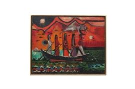 Nahum Tschacbasov Original Oil Painting "Women In The Boat": An original oil painting on canvas titled Women In The Boat by the Russian/American artist, Nahum Tschacbasov (1899-1984). This abstract Folk Art painting is hand signed by the artist to the lower right corner, which also includes an information card to the verso that is marked with the artist’s name, as well as the title. This piece is displayed in a thin wooden frame with a wire for hanging to the verso.
