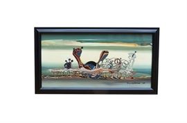 Frankétienne Abstract Acrylic Painting With High Gloss Finish: An original acrylic painting with a high gloss finish circa 1999 by the Haitian writer, poet, playwright, musician, and painter, Frankétienne (b.1936). Frankétienne is best known as the ‘father of Haitian letters’. This abstract expressionist style painting features a unique colorful design that is all blended together, which is hand signed and dated by the artist to the lower right corner. This piece is displayed in a wooden frame with a black finish and has a wire for hanging to the verso.