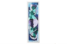 Leroy Exil Cubist Inspired Acrylic Painting On Canvas: An original cubist style acrylic painting on canvas circa 1996 by the Haitian artist, Leroy Exil (b.1944). This abstract painting features various geometric shapes in different shades of blue, green and purple, which is hand signed and dated by the artist in the lower right corner. This piece is displayed in a wooden frame with a white finish and has a wire for hanging to the verso.