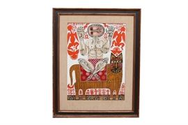 Rex Clawson Oil Painting On Board: An original acrylic Folk Art painting on board circa 1960 by American artist, Rex Clawson (1929 – 2007). Clawson is best known for his abstract Folk Art paintings that often have very colorful, eye-catching palettes. This painting is signed by the artist in the lower left corner with the date written to the lower right. This piece has a single tan cloth mat, which is displayed in a wooden frame with a black stripe. There is a wire for hanging to the verso.