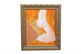 Crossley Rupert Enrique (Croshen) Original African Inspired Acrylic Painting On Board: An original African inspired acrylic painting on board by Haitian artist, Crossley Rupert Enrique (Croshen) (b.1950). This painting depicts and abstract portrait of a woman with a orange monochromatic color palette, which is hand signed by the artist to the lower left margin. This piece is displayed in a very elegant wooden frame with a gold gilt finish and has a wire for hanging to the verso.
