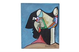 Roland St. Hubert Abstract Oil Painting On Board: An original abstract oil painting on board circa 2001 by the Haitian artist, Roland St. Hubert (b.1951). This painting features an abstract figure comprised of various geometric shapes, which is hand signed and dated by the artist to the lower right corner. Unframed.