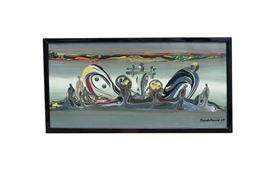 Frankétienne Original Abstract Acrylic Painting With High Glass Finish: An original acrylic painting with a high gloss finish circa 1999 by the Haitian writer, poet, playwright, musician, and painter, Frankétienne (b.1936). Frankétienne is best known as the ‘father of Haitian letters’. This abstract expressionist style painting features a unique colorful design that is all blended together, which is hand signed and dated by the artist to the lower right corner. This piece is displayed in a wooden frame with a black finish and has a wire for hanging to the verso.