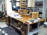 8 ft X 4 ft - (3 ft high) Rolling Packaging Table (2 available), Ladder back chair, Linens, Lamps, Books, Rubber Mats for concrete floors