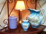 Alba China Pitcher and Vase (Toothbrush Holder). Diamond Quilted covered jar. Corner Bakers rack.