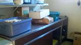 7 ft long deep fryer with stainless steel counter attached and storage space underneath counter. See previous picture.