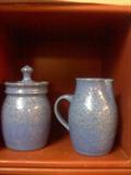 Blue Pottery signed by Georgia Potter, Kim Black (1986). Some of his early work. The pieces are a small pitcher and a covered jar.