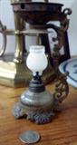 Miniature Lantern marked Vapo Use Cresonlene Kerosene. For medical use as an antique vaporizer. Complete with metal base, lantern, globe, and metal tray for vapor rub.