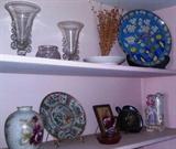 RARE blue carnival glass nappy, Hessey Lariat vases, German lusterware, Fenton, Japanese cloisonne charger, & more.
