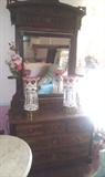 Eastlake dresser with marble top (matches washstand). 20" Bohemian Moser lusters & Wavecrest dresser bottle.