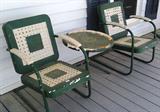 Metal lawn/porch furniture; This collection includes a sofa glider, swing, three chairs, and a table.