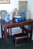 Pottery collection including salt-glazed (one piece signed Vermont), Blue & white stoneware, other jugs, and mission style desk.