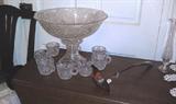 Cut glass punch bowl with stand & cups