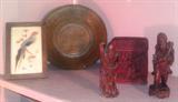 Chinese carved figures, another FABULOUS Chinese carved cinnabar box (tea), engraved copper, feather art.