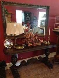Antique sofa/entry table; extra large mirror