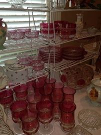 King Royal cranberry glasses, plates, candelabras, & punch bowl with cups