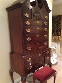 Queen Anne style highboy; 1 of 2 small red cushion stools