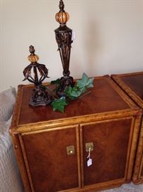 One of two Asian bamboo style night stands; has matching armoire