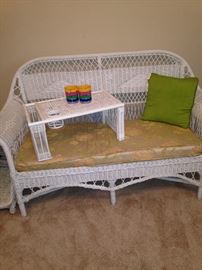 White wicker settee (cushion - as is ); white wicker bed tray