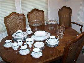 FRUITWOOD DINING TABLE & CHAIRS, NIKKO CHINA & GLASS