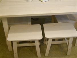 Kitchen table, seats 4-6, two stools, two chairs, one bench
