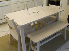 Kitchen table, seats 4-6, two stools, two chairs, one bench. also shown seagrass rug (two available)