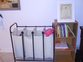 hamper, bookshelf, cookbooks. picture/frame.